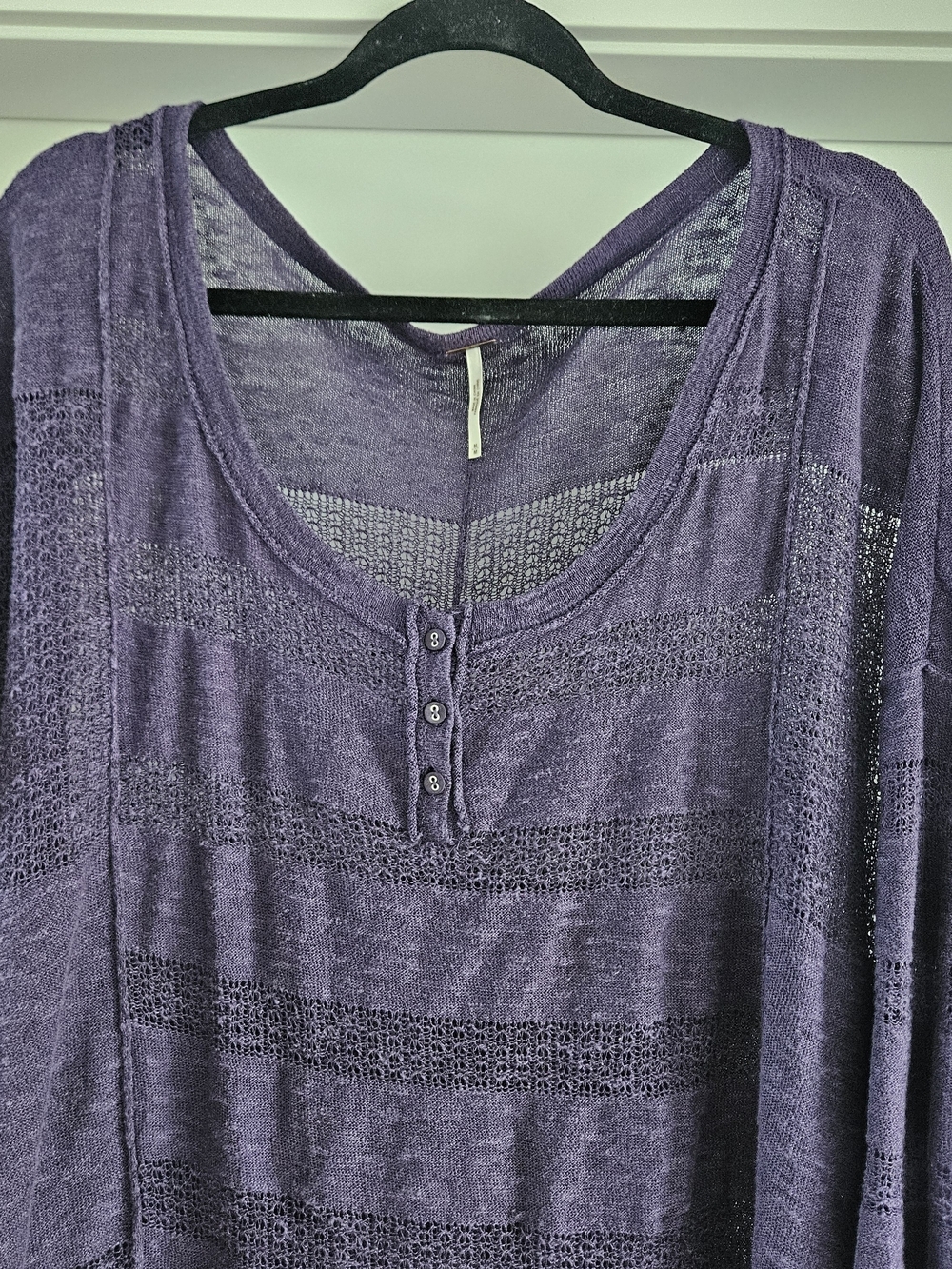 Free People Deep Purple Open-Knit Henley Tunic Oversized Medium Long Sleeve - Picture 2 of 6